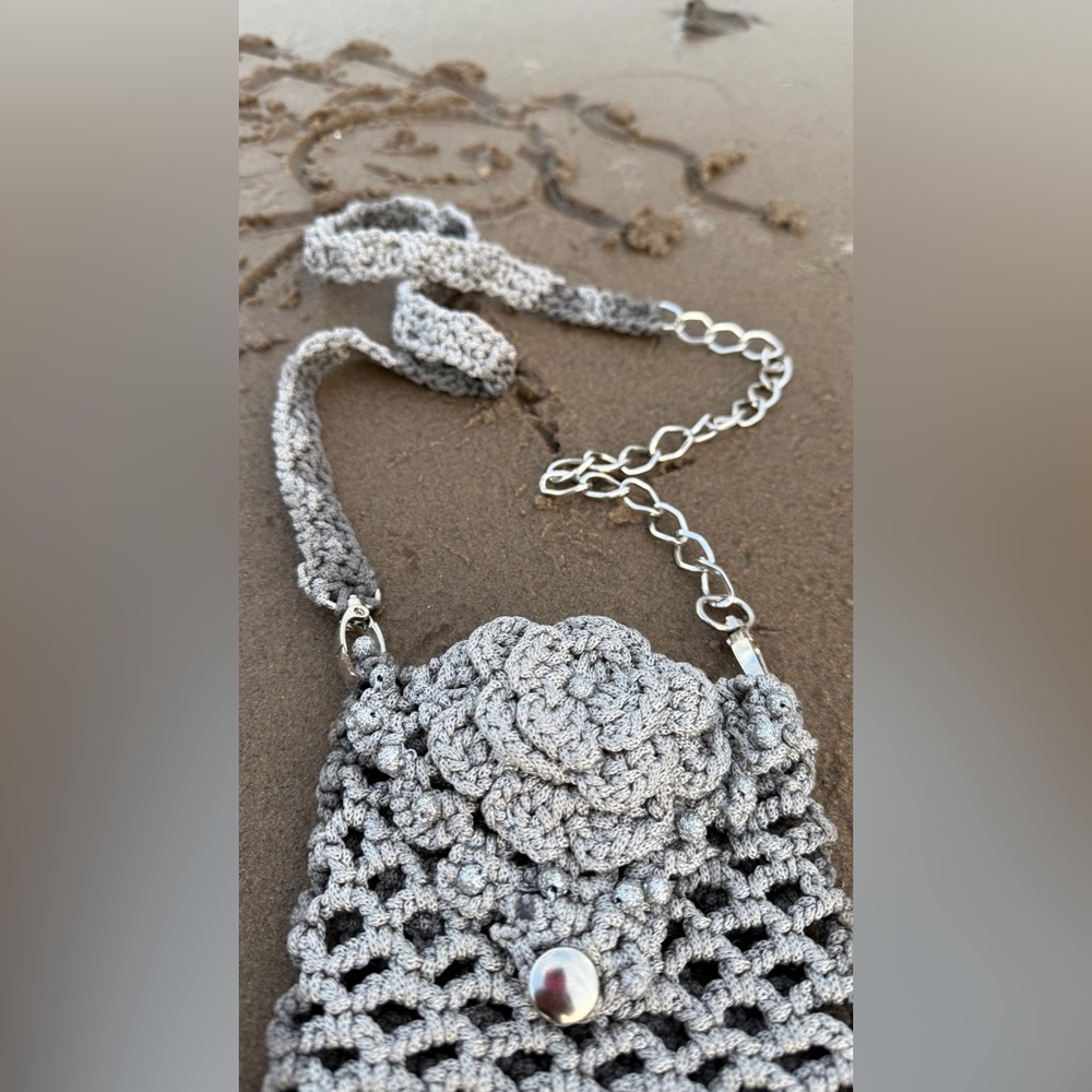 Gray Handmade Crochet Crossbody/Shoulder Bag – Adjustable Strap - Picture 8 of 11